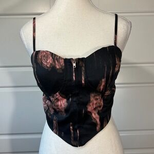 Cider Black & Pink Floral Corset Crop Top Zip Front Straps Adjustable Y2K XS